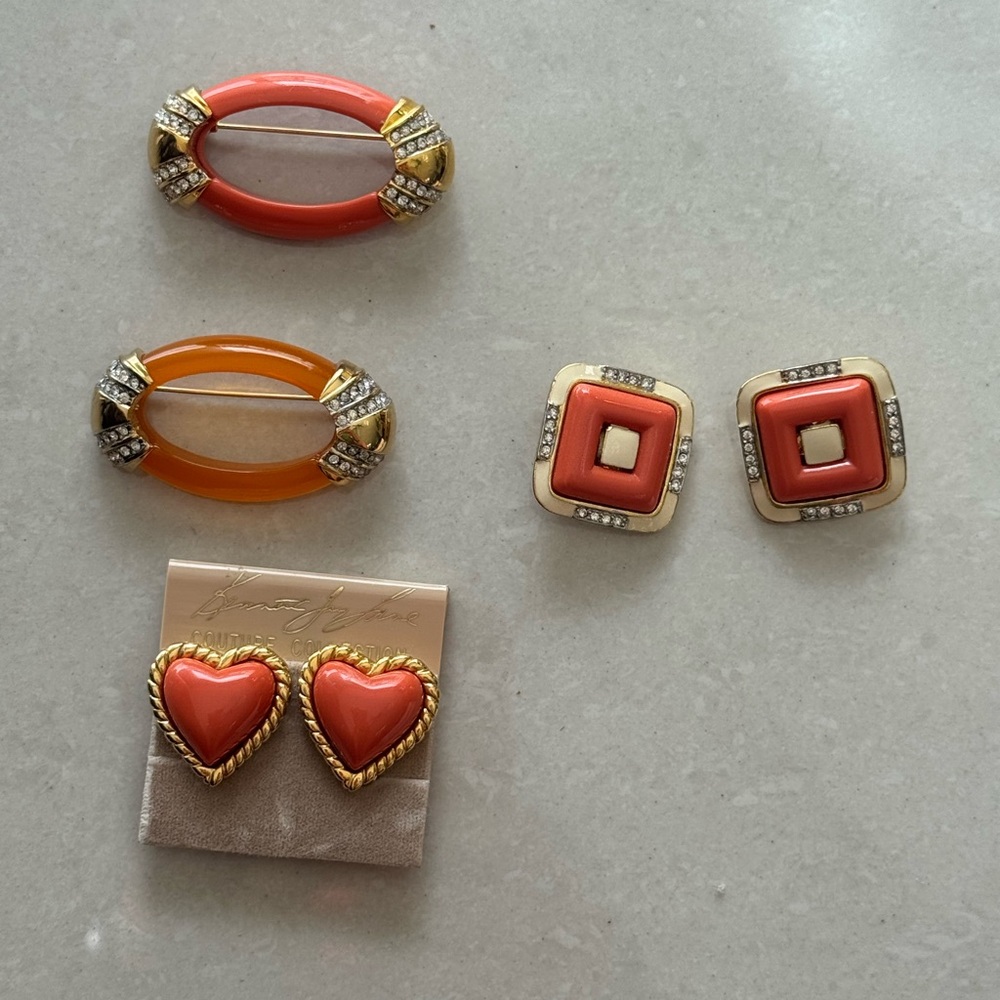 Vintage Style Earrings and Brooch Set in Orange and Gold